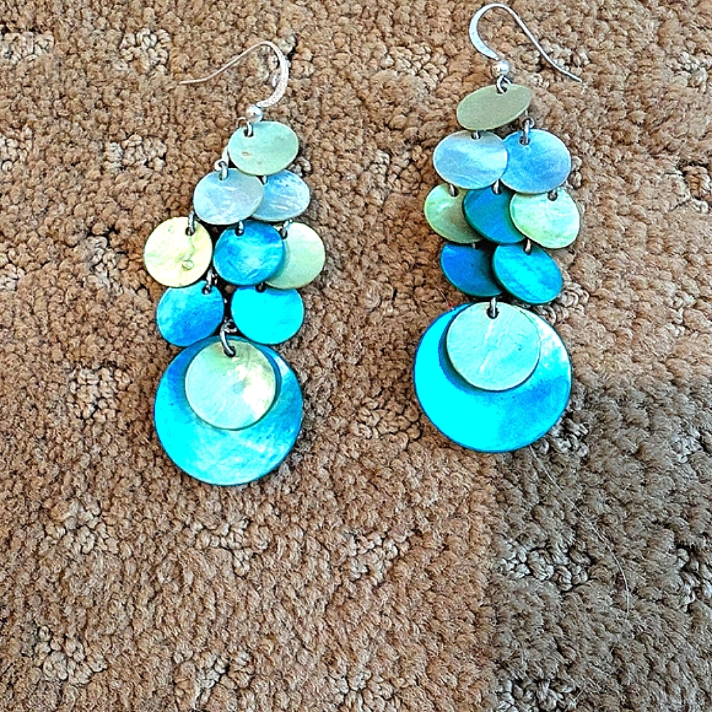 Blue And Green Shell, Silver Tone Dangle Earrings